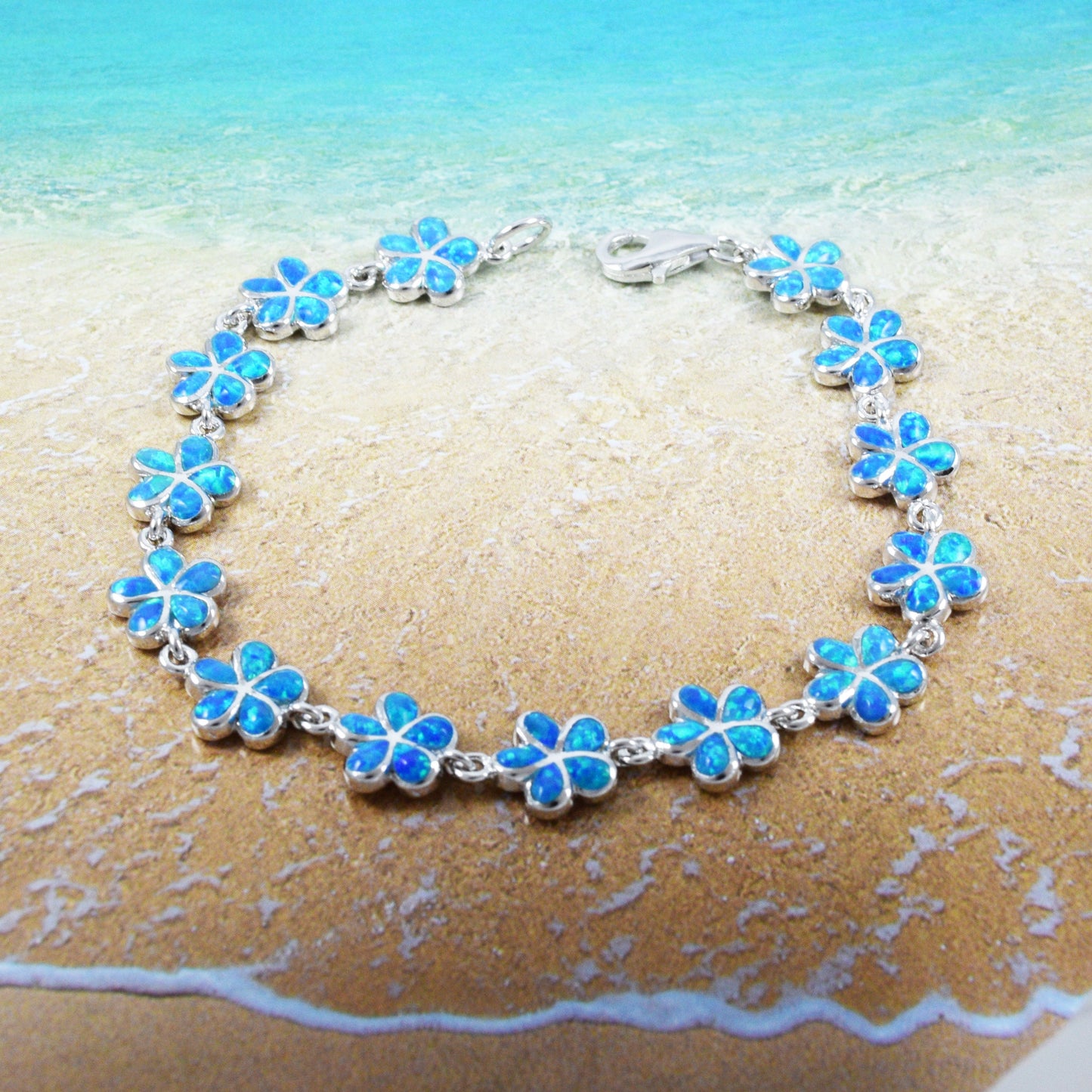 Hawaiian Blue Opal Plumeria Flower Bracelet, Sterling Silver Blue Opal Plumeria Bracelet, Christmas Mom Birthday Gift