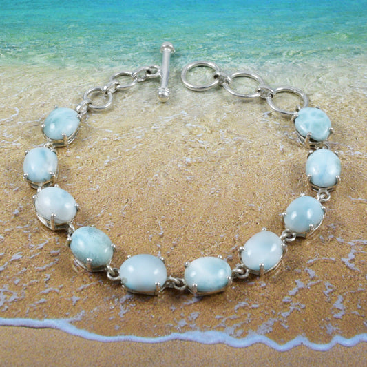 Hawaiian Genuine Larimar Oval-Cut Bracelet, Sterling Silver Larimar Bracelet, Christmas Anniversary Birthday Mom Gift