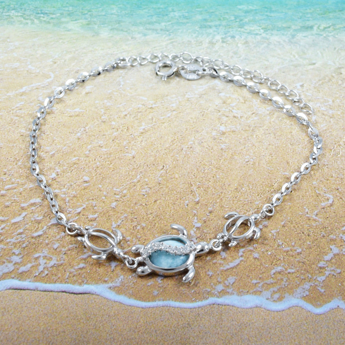 Adjustable Hawaiian Genuine Larimar Sea Turtle Bracelet, Sterling Silver Sea Turtle Larimar CZ Bracelet, Christmas Birthday Mom Gift