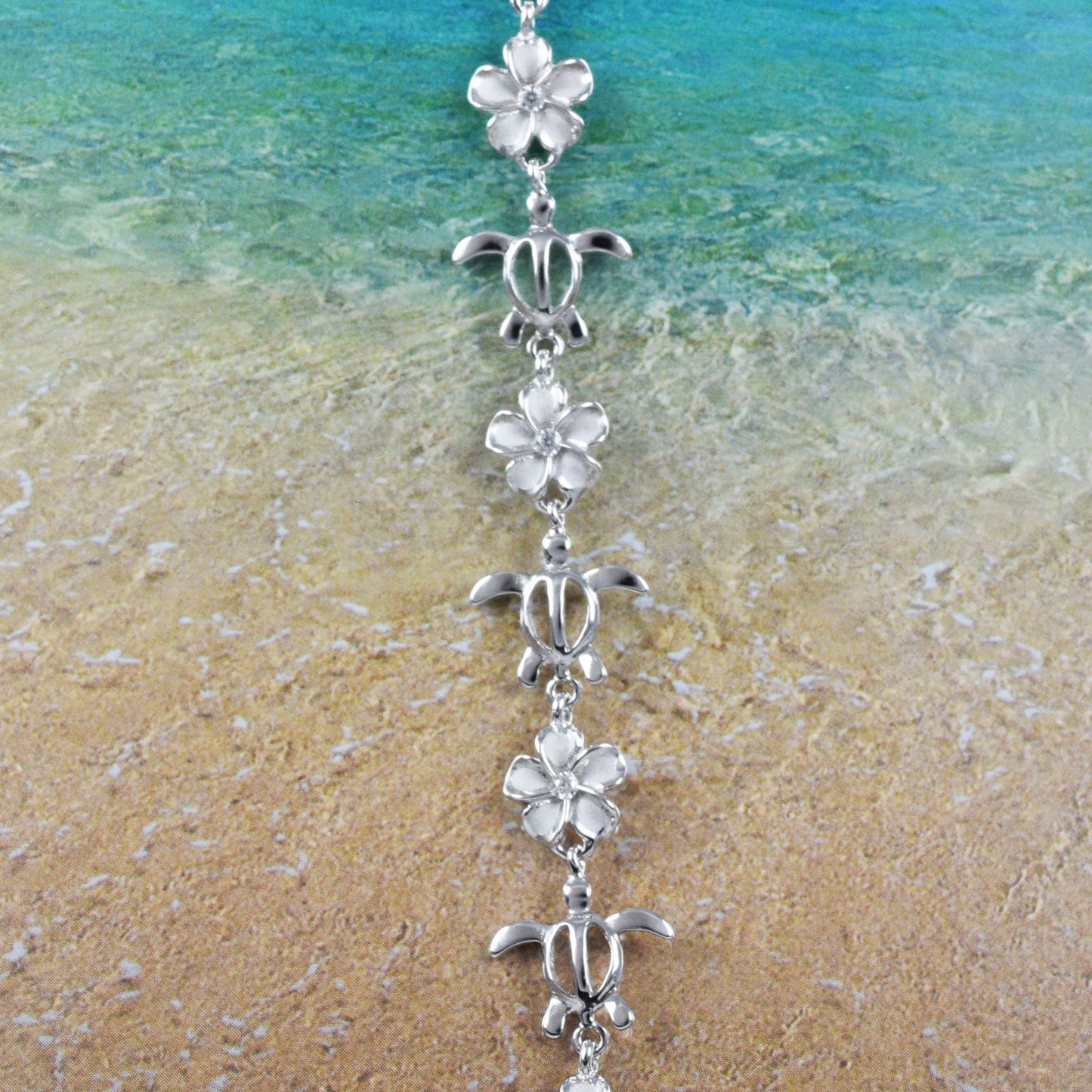 Adjustable Hawaiian Sea Turtle Plumeria Ankle Bracelet, Sterling Silver Turtle Plumeria CZ Anklet, Christmas Mom Birthday Gift