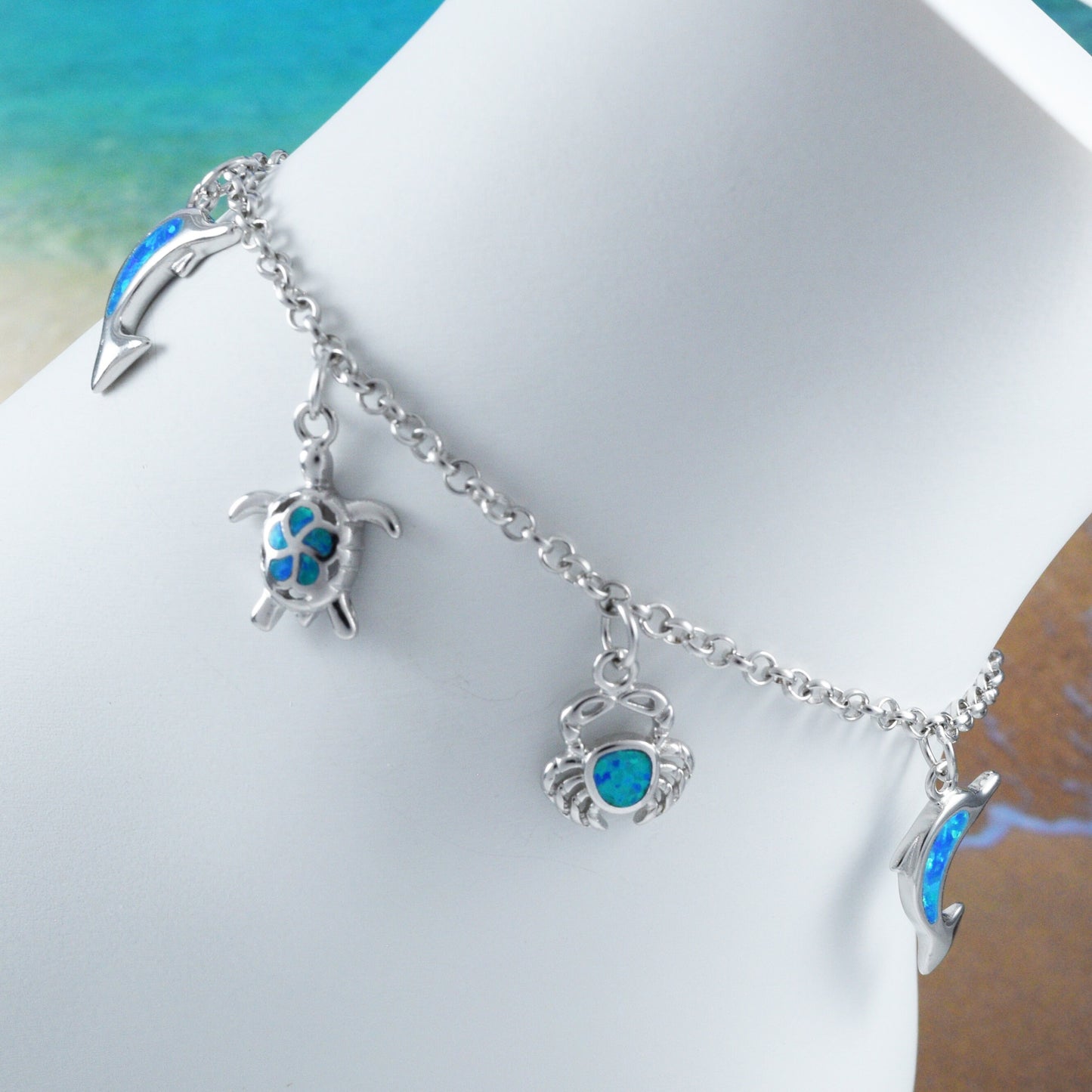 Hawaiian Blue Opal Sea Turtle Crab Dolphin Bracelet, Sterling Silver Sea Turtle Plumeria Charm Bracelet, Christmas Birthday Mom Gift