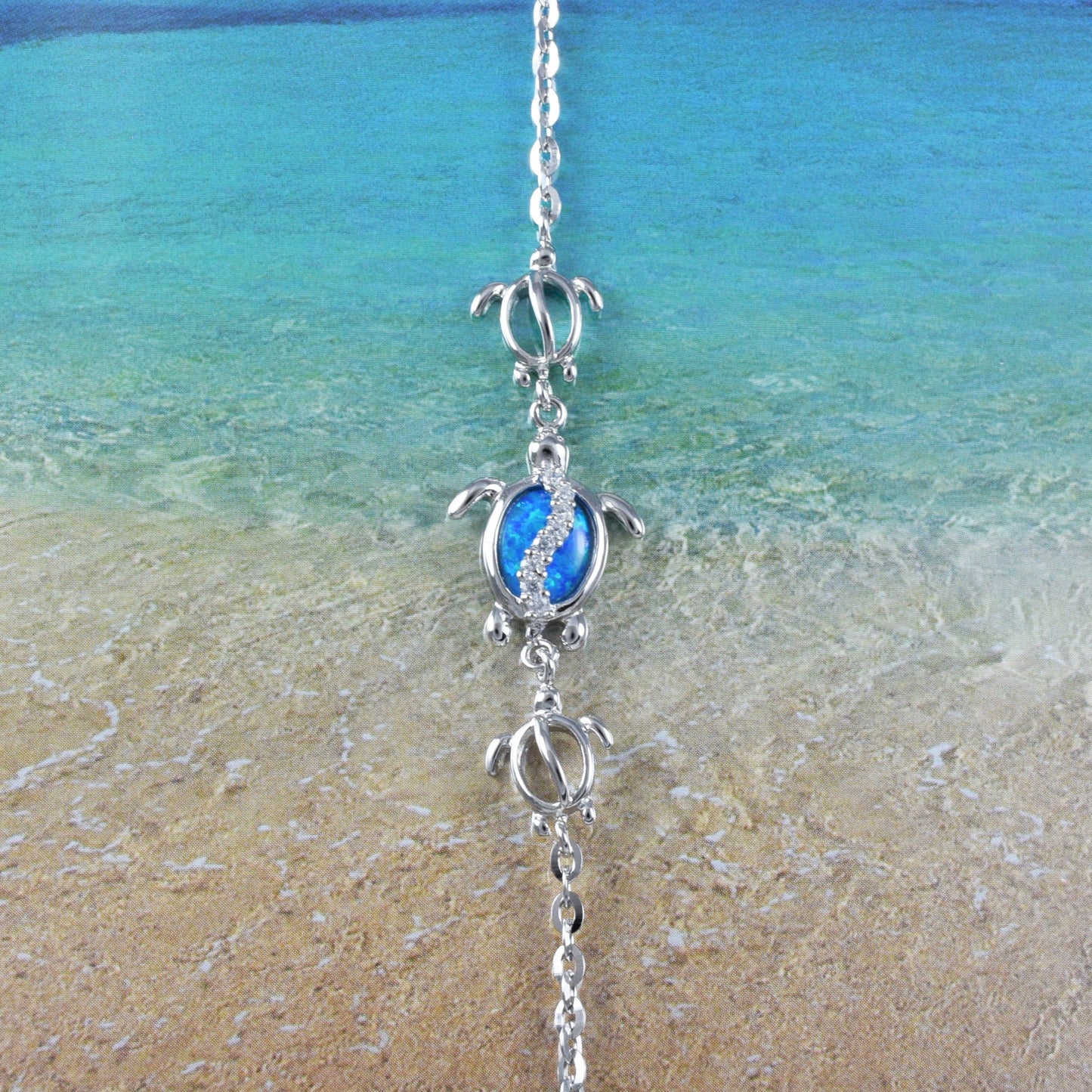 Adjustable Hawaiian Blue Opal Sea Turtle Ankle Bracelet, Sterling Silver Blue Opal 3 Turtle CZ Anklet, Christmas Birthday Mother Mom Gift