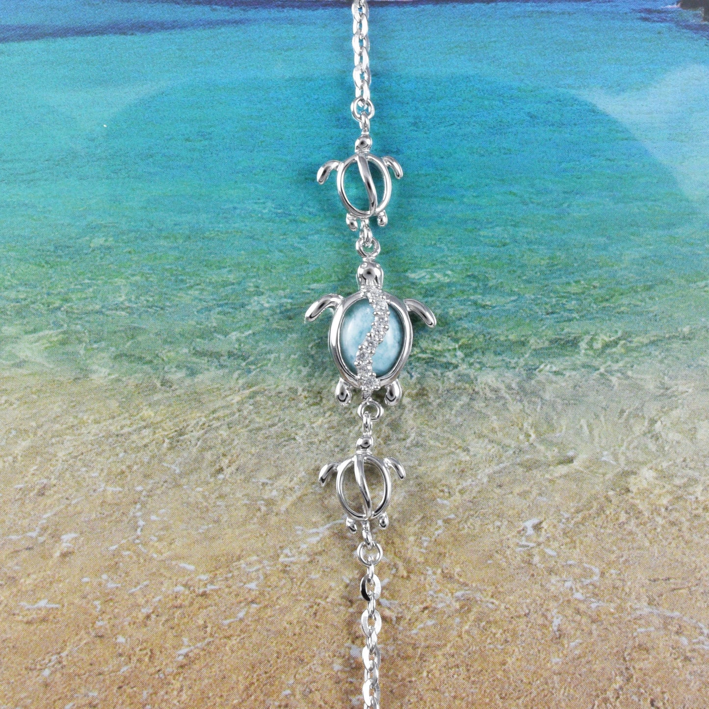 Adjustable Hawaiian Genuine Larimar Sea Turtle Anklet, Sterling Silver Turtle Larimar CZ Ankle Bracelet, Christmas Birthday Mother Mom Gift