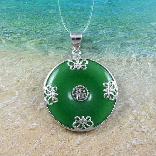 Hawaiian Genuine Green Jade Prosperity Round Necklace, Sterling Silver Round Jade 4 Butterfly Pendant, Christmas Birthday Mom Gift