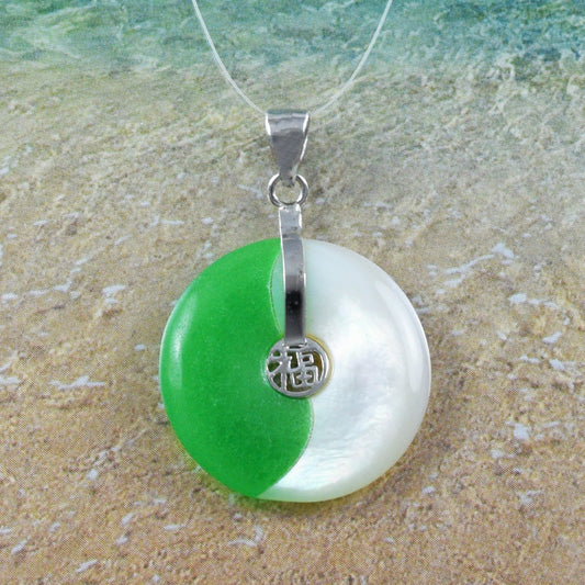 Hawaiian Genuine Green Jade White Mother of Pearl Prosperity Yin-Yang Necklace, Sterling Silver Round Yin-Yang Pendant, Birthday Mom Gift