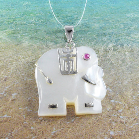 Hawaiian Genuine White Mother of Pearl Elephant Necklace, Sterling Silver Elephant Pendant, Christmas Anniversary Birthday Mom Gift