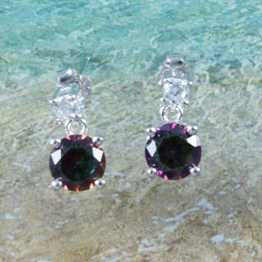 Hawaiian Mystic Rainbow Topaz Round-Cut Earrings, Sterling Silver Rainbow Topaz White CZ Stud Post Earrings, Christmas Birthday Gift