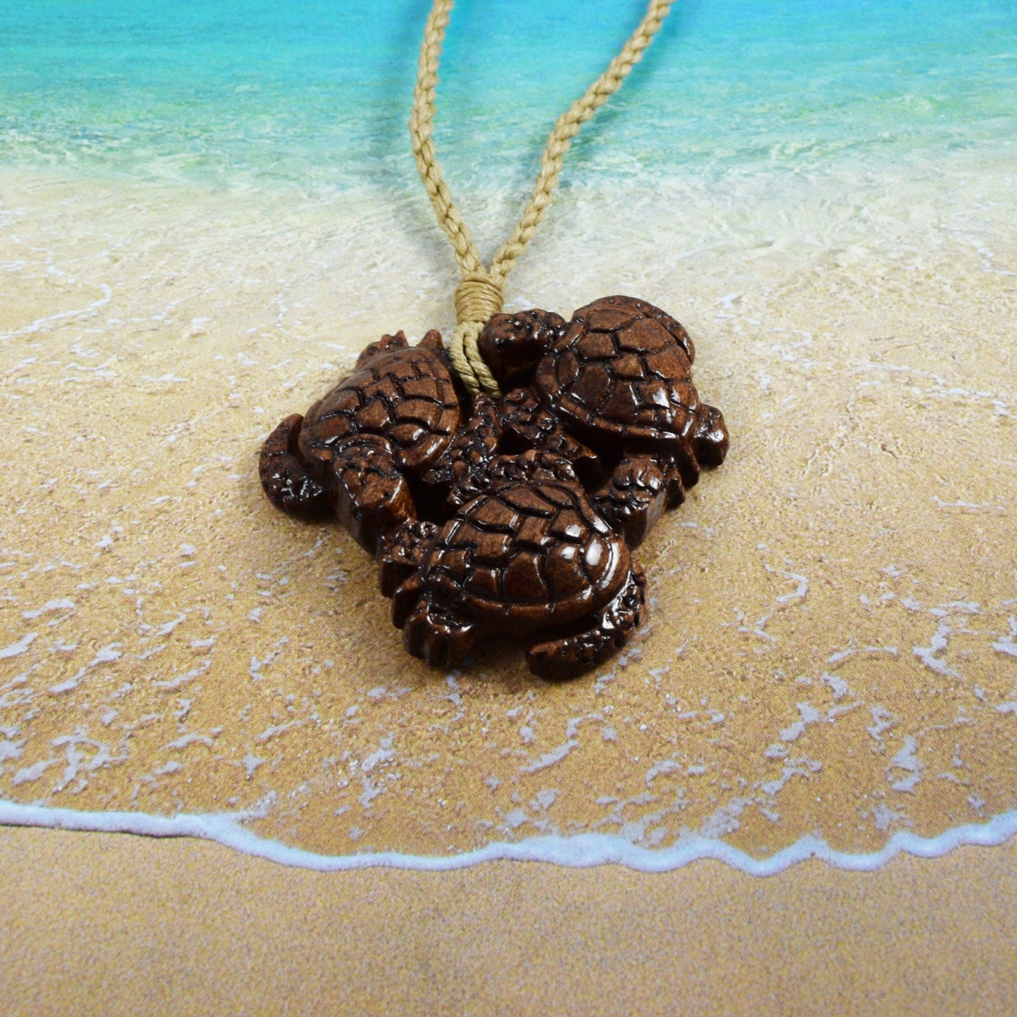 Hawaiian Genuine Koa Wood 3 Sea Turtle Necklace, Hand Carved Koa Wood Sea Turtle Family Necklace, Anniversary Birthday Gift