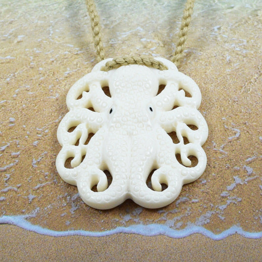 Hawaiian Octopus Necklace, Hand Carved Buffalo Bone Octopus Necklace, Christmas Present, Anniversary Gift, Birthday Gift