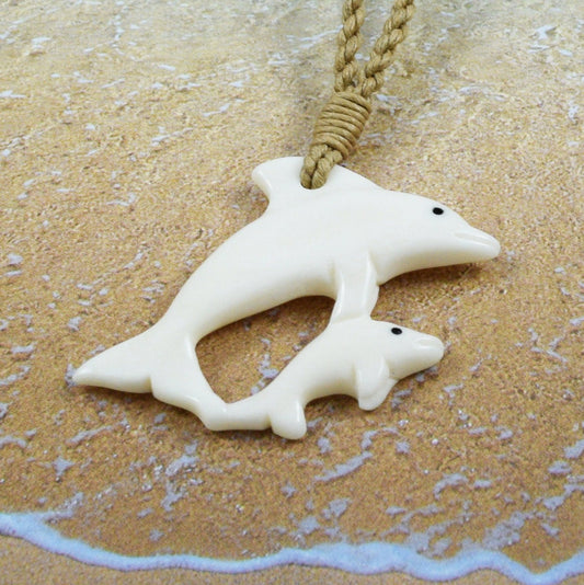 Hawaiian Mom & Small Dolphin Necklace, Hand Carved Buffalo Bone 2 Dolphin Necklace, Christmas Present, Anniversary Gift, Birthday Gift