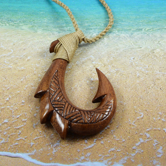 Hawaiian Large Genuine Koa Wood Fish Hook Necklace, Hand Carved Koa Wood Fish Hook Necklace, Christmas Present, Anniversary Birthday Gift