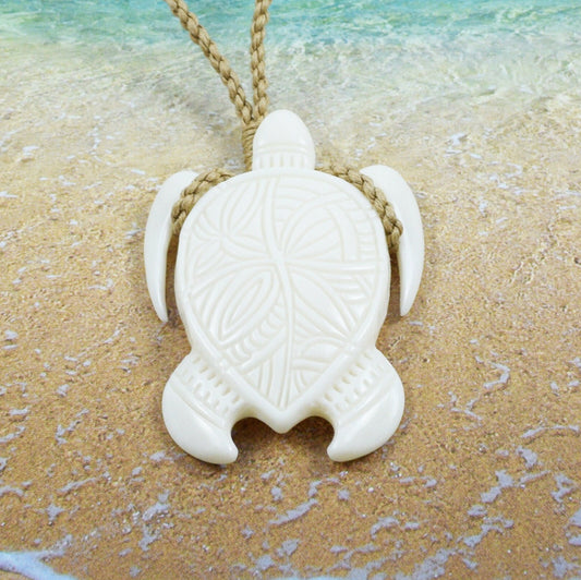 Hawaiian Sea Turtle Necklace, Hand Carved Buffalo Bone Flower Sea Turtle Necklace, Christmas Present, Anniversary Birthday Gift