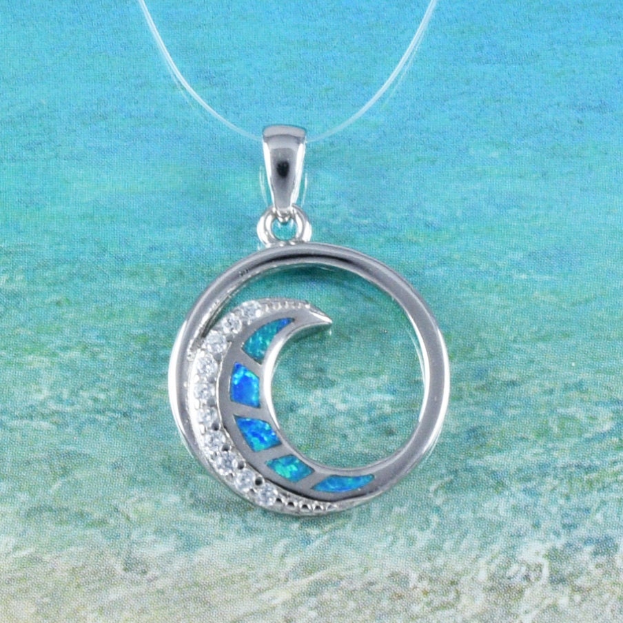 Hawaiian Blue Opal Ocean Wave Necklace, Sterling Silver Blue Opal Inlay Wave CZ Pendant, Hawaiian Jewelry, Christmas Mom Birthday Gift