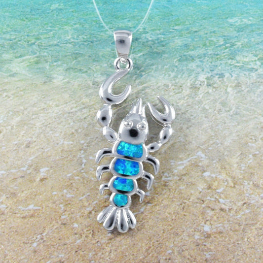 Hawaiian Blue Opal Lobster Necklace, Sterling Silver Blue Opal Inlay Lobster Pendant, Hawaiian Jewelry, Christmas Mom Birthday Gift