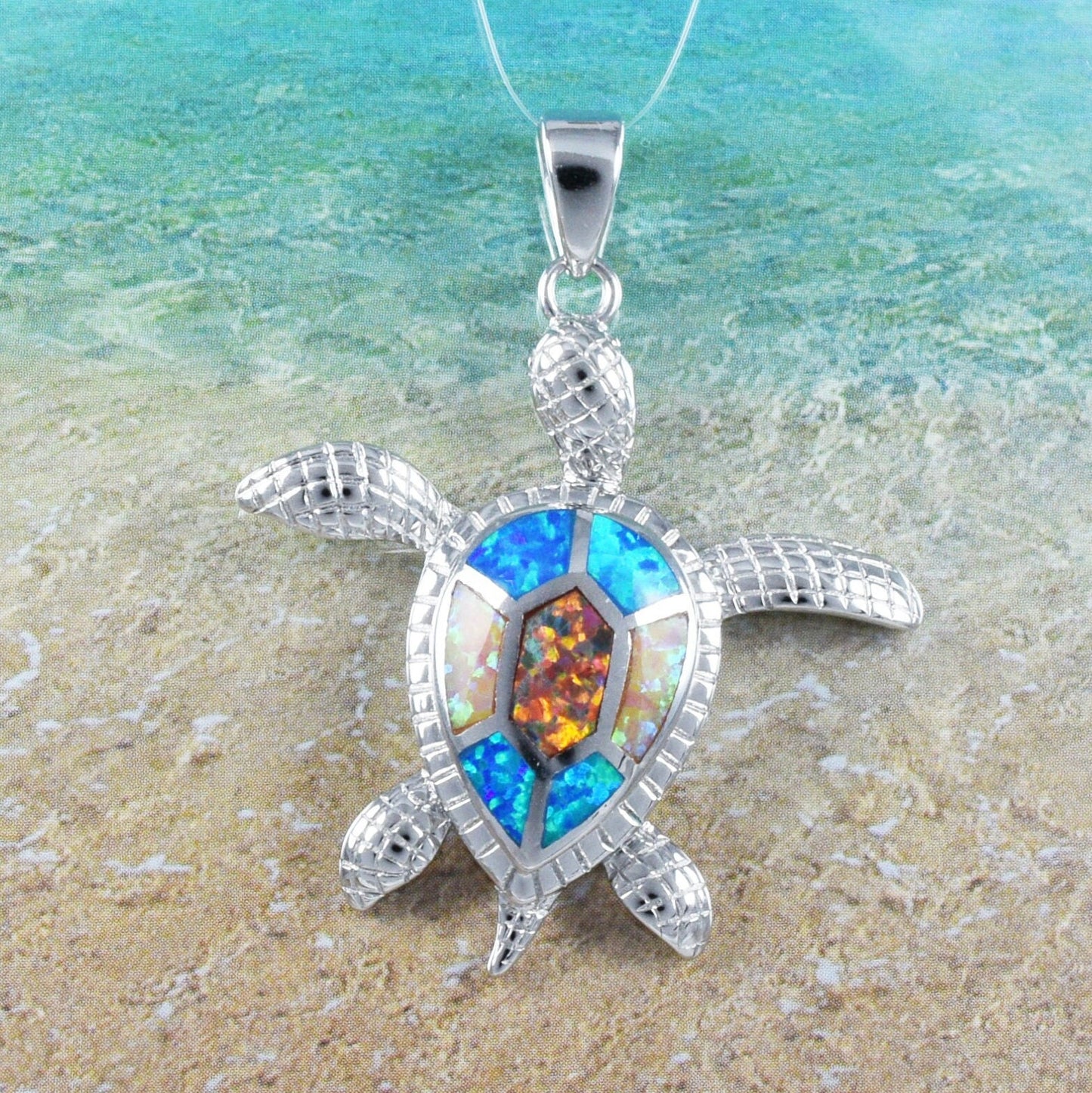 Hawaiian Large Tri-Color Opal Sea Turtle Necklace, Sterling Silver Blue White Pink Opal Inlay Sea Turtle Pendant, Christmas Birthday Gift