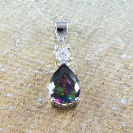 Hawaiian Mystic Rainbow Topaz Rain Drop Necklace, Sterling Silver Rainbow Topaz White CZ Pendant, Christmas Anniversary Birthday Mom Gift