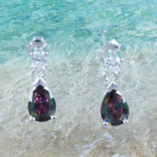 Hawaiian Mystic Rainbow Topaz Rain Drop Earrings, Sterling Silver Rainbow Topaz White CZ Stud Post Earrings, Christmas Birthday Gift