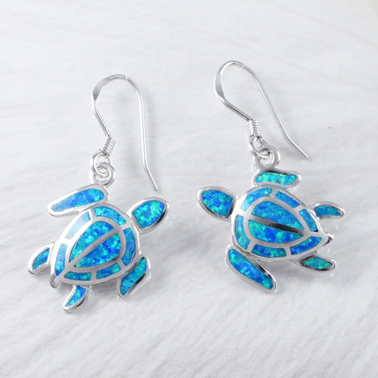 Large Hawaiian Blue Opal Sea Turtle Earrings, Sterling Silver Turtle Dangle Earrings, E9345 Birthday Mom Gift, Statement PC