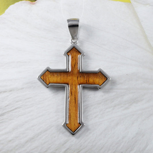 Hawaiian X-Large Genuine Koa Wood Cross Pendant, Sterling Silver Cross Pendant, N9318 Birthday Mother Gift, Statement PC