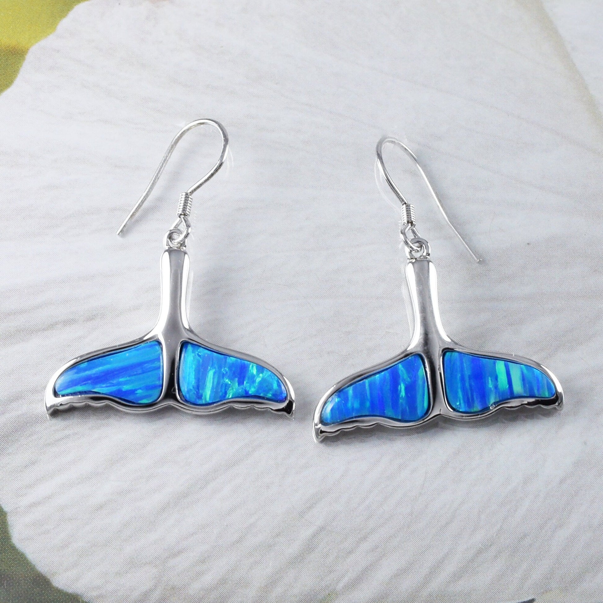 Gorgeous Hawaiian X-Large Blue Opal Whale Tail Earring, Sterling Silver Blue Opal Whale Tail Dangle Earring, E9378 Birthday Mother Gift - Hawaii Treasures Shop