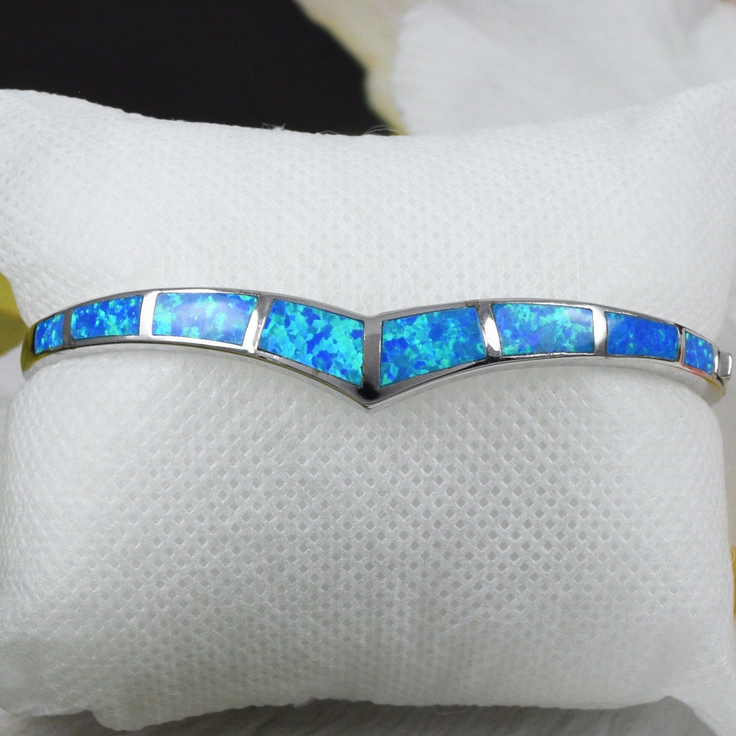 Hawaiian Blue Opal Crown Bangle Bracelet, Sterling Silver Blue Opal Crown Bracelet, B3347 Birthday Mom Gift, Statement PC