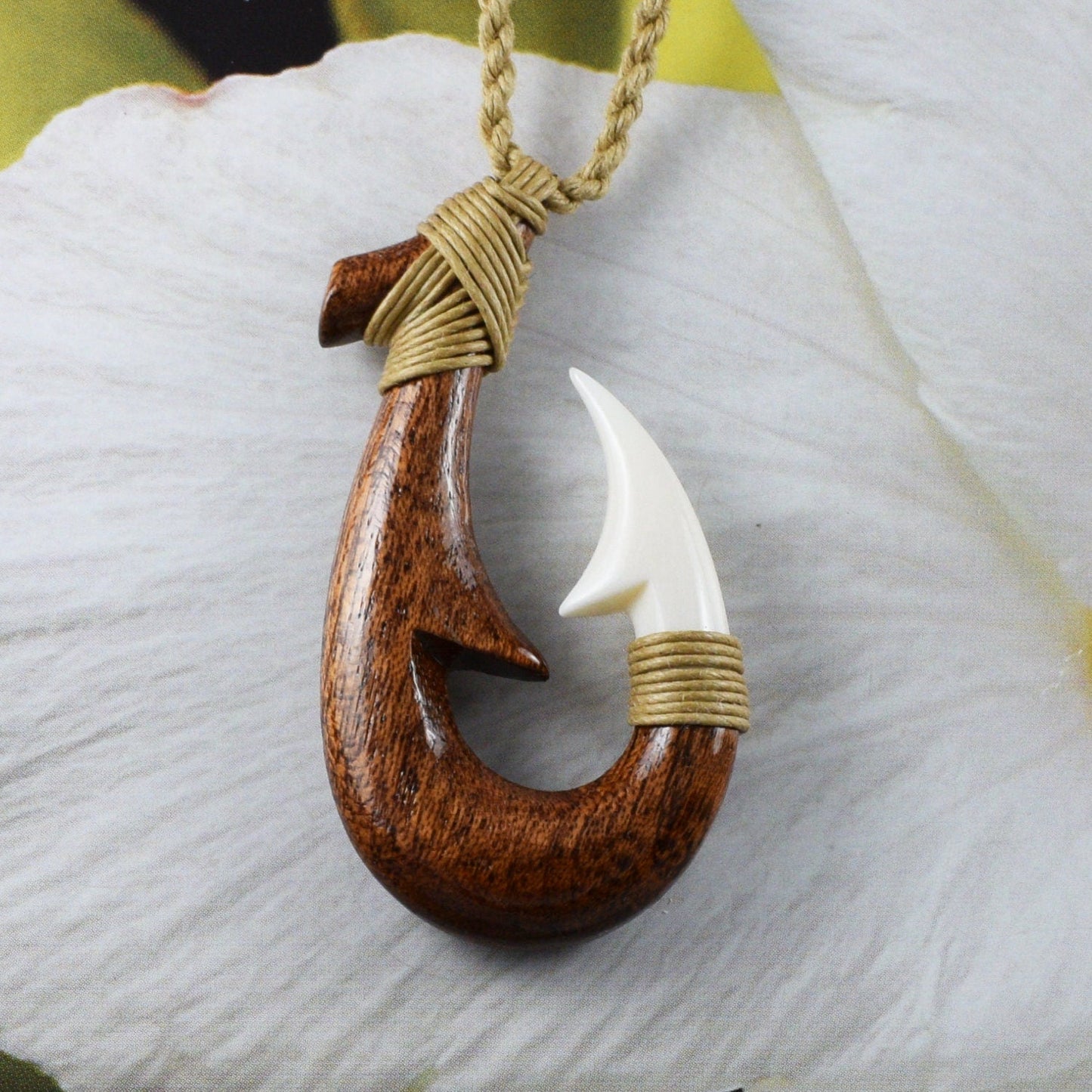 Hawaiian Large Genuine Koa Wood Fish Hook Necklace, Hand Carved Buffalo Bone 3D Fish Hook Necklace, N9404 Birthday Mother Gift