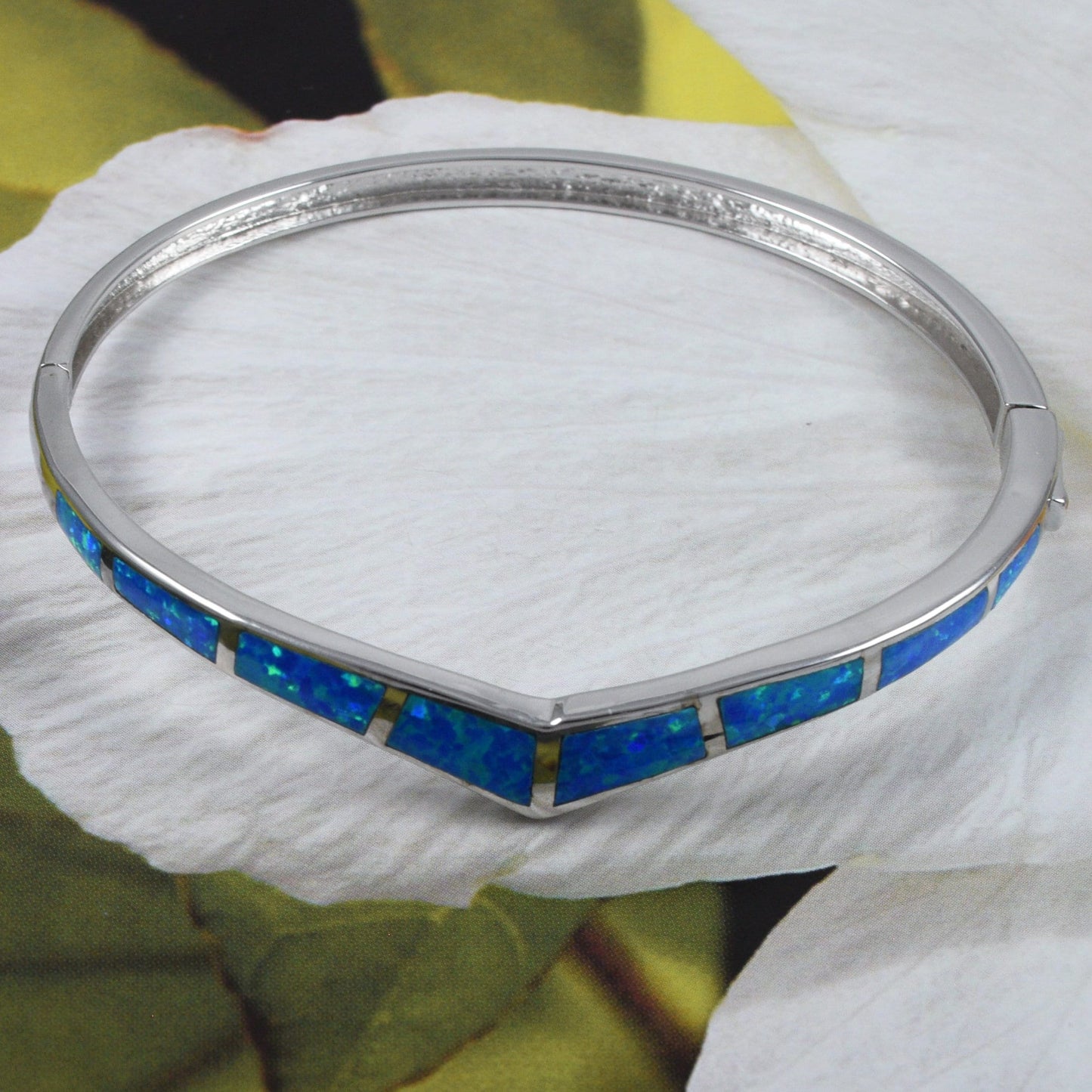 Hawaiian Blue Opal Crown Bangle Bracelet, Sterling Silver Blue Opal Crown Bracelet, B3347 Birthday Mom Gift, Statement PC