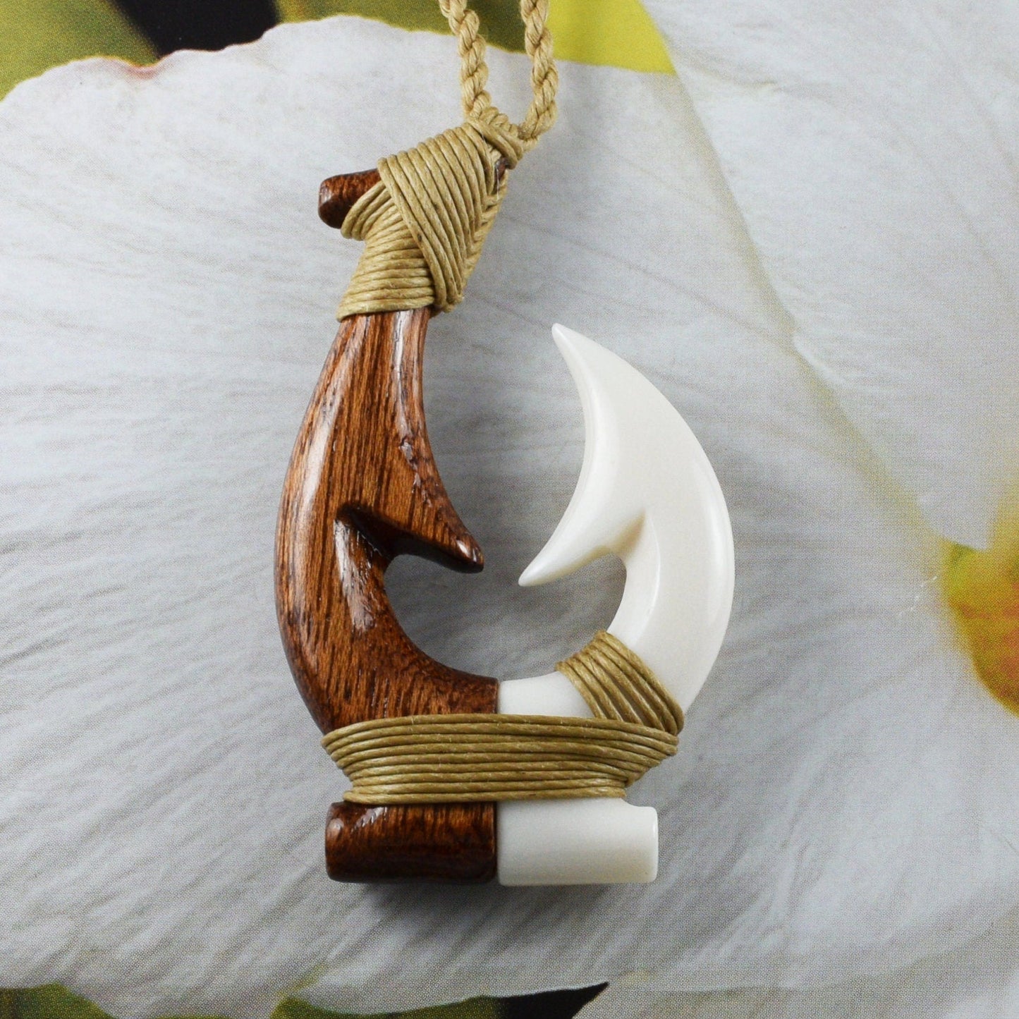 Hawaiian Large Genuine Koa Wood Fish Hook Necklace, Hand Carved Buffalo Bone 3D Fish Hook Necklace, N9403 Birthday Mother Gift