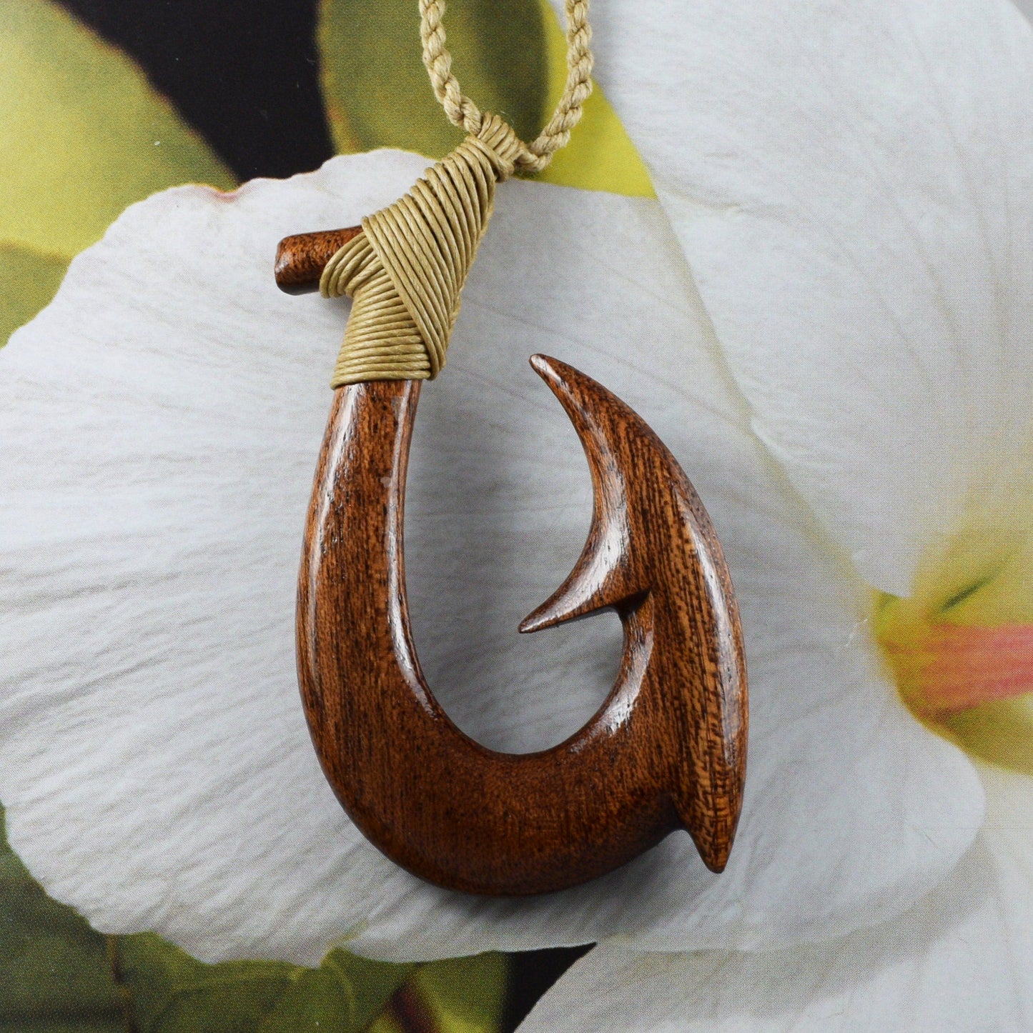 Hawaiian X-Large Genuine Koa Wood Fish Hook Necklace, Hand Carved 3D Koa Wood Fish Hook Necklace, N9432 Birthday Gift