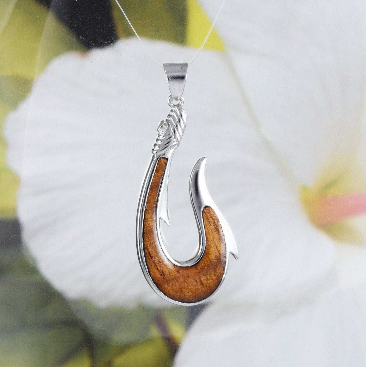 Hawaiian Large Genuine Koa Wood Fish Hook Pendant, Sterling Silver Fish Hook Pendant, N8861 Birthday Mother Gift