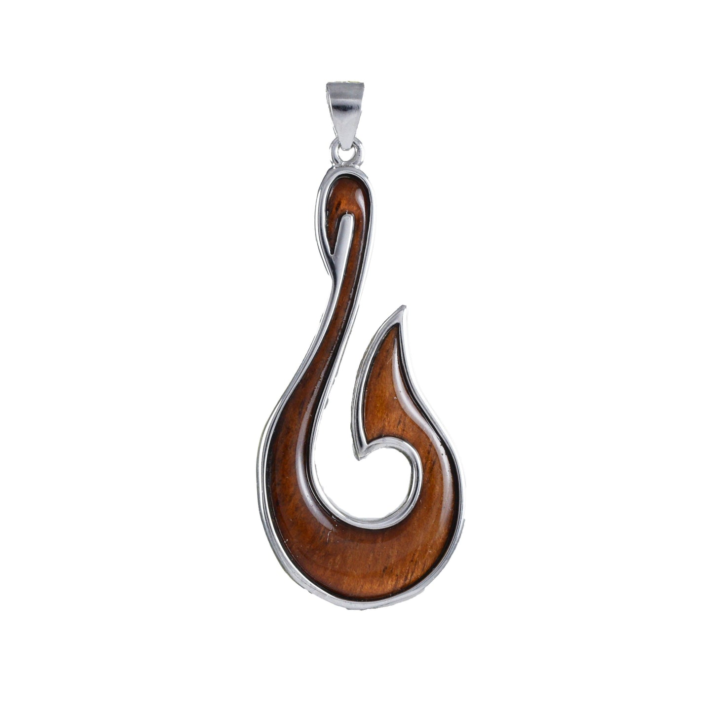 Hawaiian X-Large Genuine Koa Wood Fish Hook Pendant, Sterling Silver Fish Hook Pendant, N8862 Birthday Mother Gift