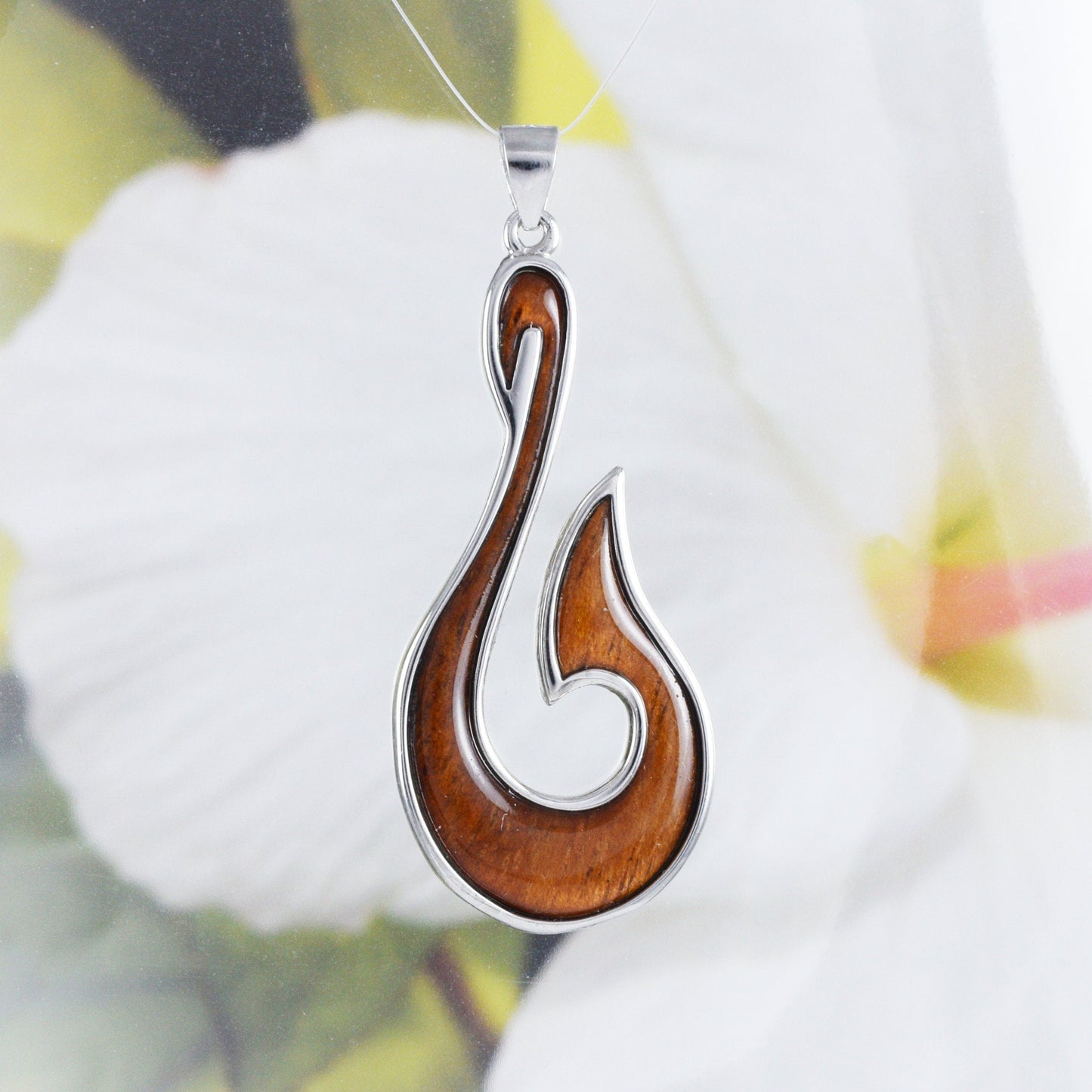 Hawaiian X-Large Genuine Koa Wood Fish Hook Pendant, Sterling Silver Fish Hook Pendant, N8862 Birthday Mother Gift