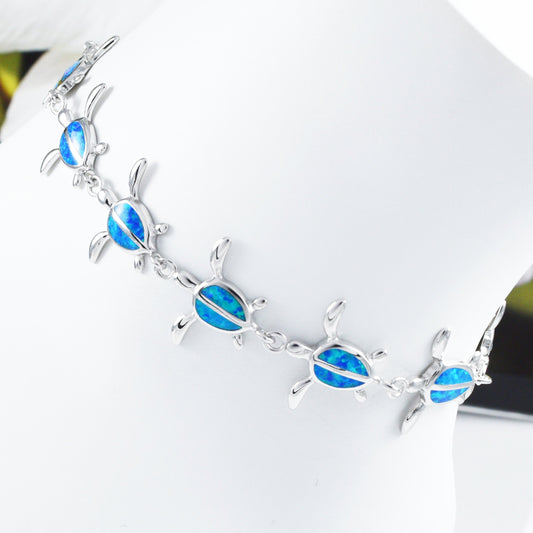 Gorgeous Hawaiian Large Blue Opal Sea Turtle Bracelet, Sterling Silver Blue Opal Turtle Bracelet, B3306 Birthday Mom Gift, Statement PC - Hawaii Treasures Shop