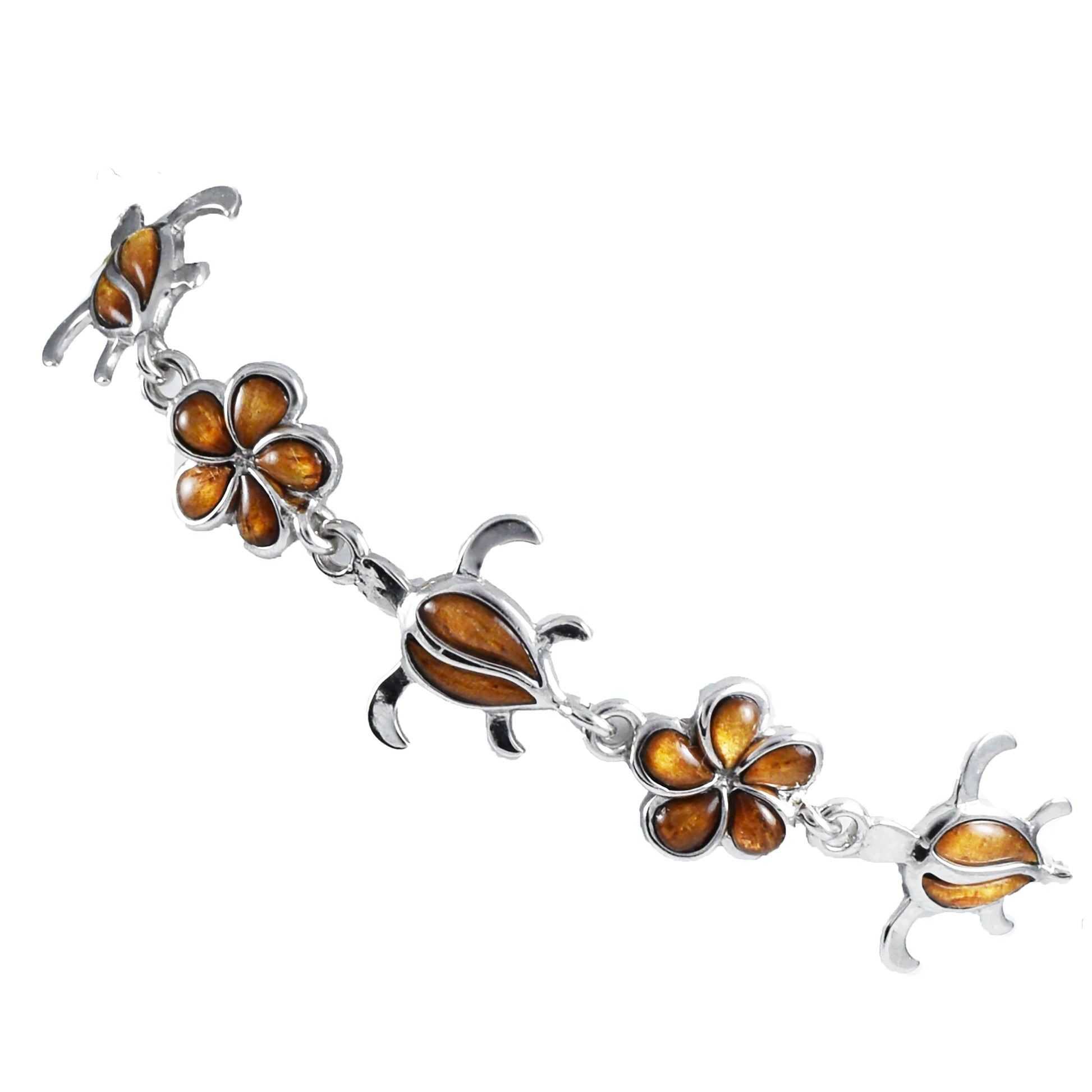 Beautiful Hawaiian Large Genuine Koa Wood Sea Turtle Plumeria Bracelet, Sterling Silver Koa Wood Turtle Bracelet, B3320 Birthday Mom Gift - Hawaii Treasures Shop