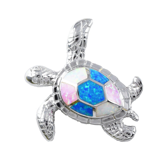 Hawaiian X-Large Blue Pink White Opal Sea Turtle Necklace, Sterling Silver Opal Sea Turtle Pendant, Christmas Birthday Mom Gift