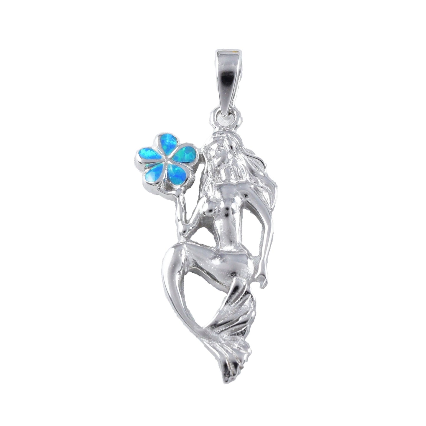 Hawaiian Blue Opal Plumeria Mermaid Pendant, Sterling Silver Mermaid Pendant, Hawaiian Jewelry, Christmas Anniversary Mom Birthday Gift