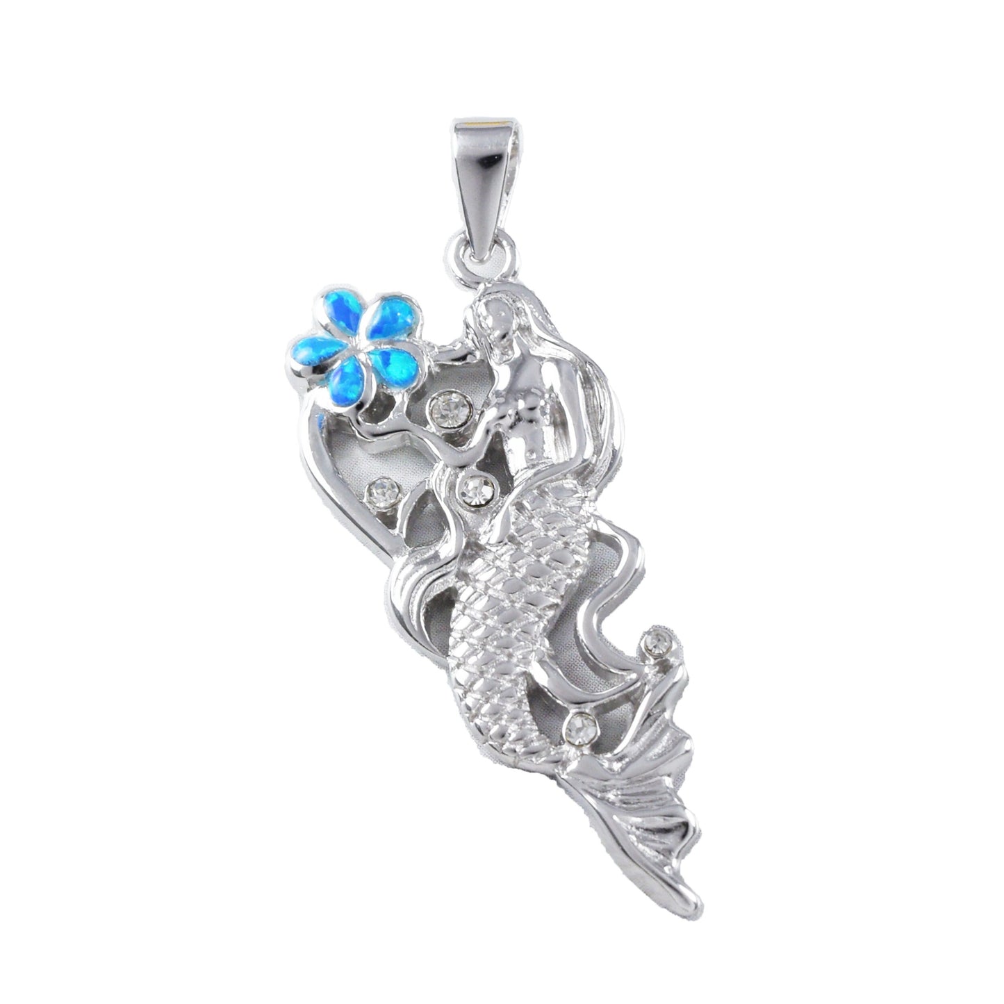 Hawaiian Large Blue Opal Plumeria Mermaid Pendant, Sterling Silver Mermaid Pendant, Hawaiian Jewelry, Christmas Mom Birthday Gift