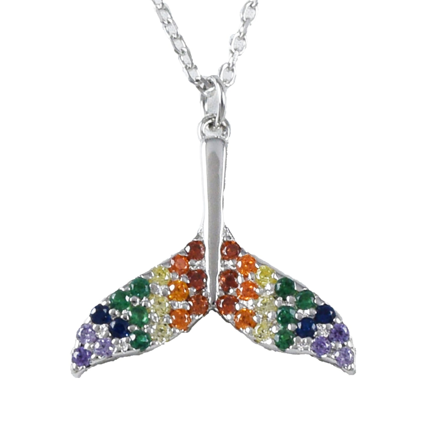 Hawaiian Rainbow Color Stone Whale Tail Necklace, Sterling Silver Whale Tail CZ Necklace, Christmas Anniversary Birthday Mom Gift