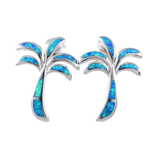 Hawaiian Large Blue Opal Palm Tree Earrings, Sterling Silver Opal Palm Tree Stud Earrings, Hawaiian Christmas Mother Mom Birthday Gift