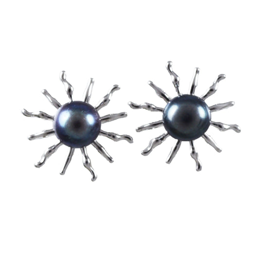 Hawaiian Large Genuine Black Pearl Sun Earrings, Sterling Silver Black Pearl Sun Stud Post Earrings, Hawaiian Birthday Mother Mom Gift