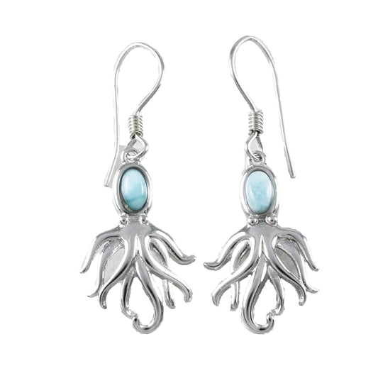 Hawaiian Genuine Larimar Octopus Earrings, Sterling Silver Larimar Inlay Octopus Dangle Earrings, Christmas Mother Mom Birthday Gift