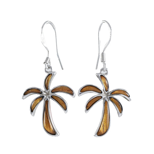 Hawaiian Large Genuine Koa Wood Palm Tree Earrings, Sterling Silver Palm Tree Dangle Earrings, Christmas Birthday Mother Mom Gift