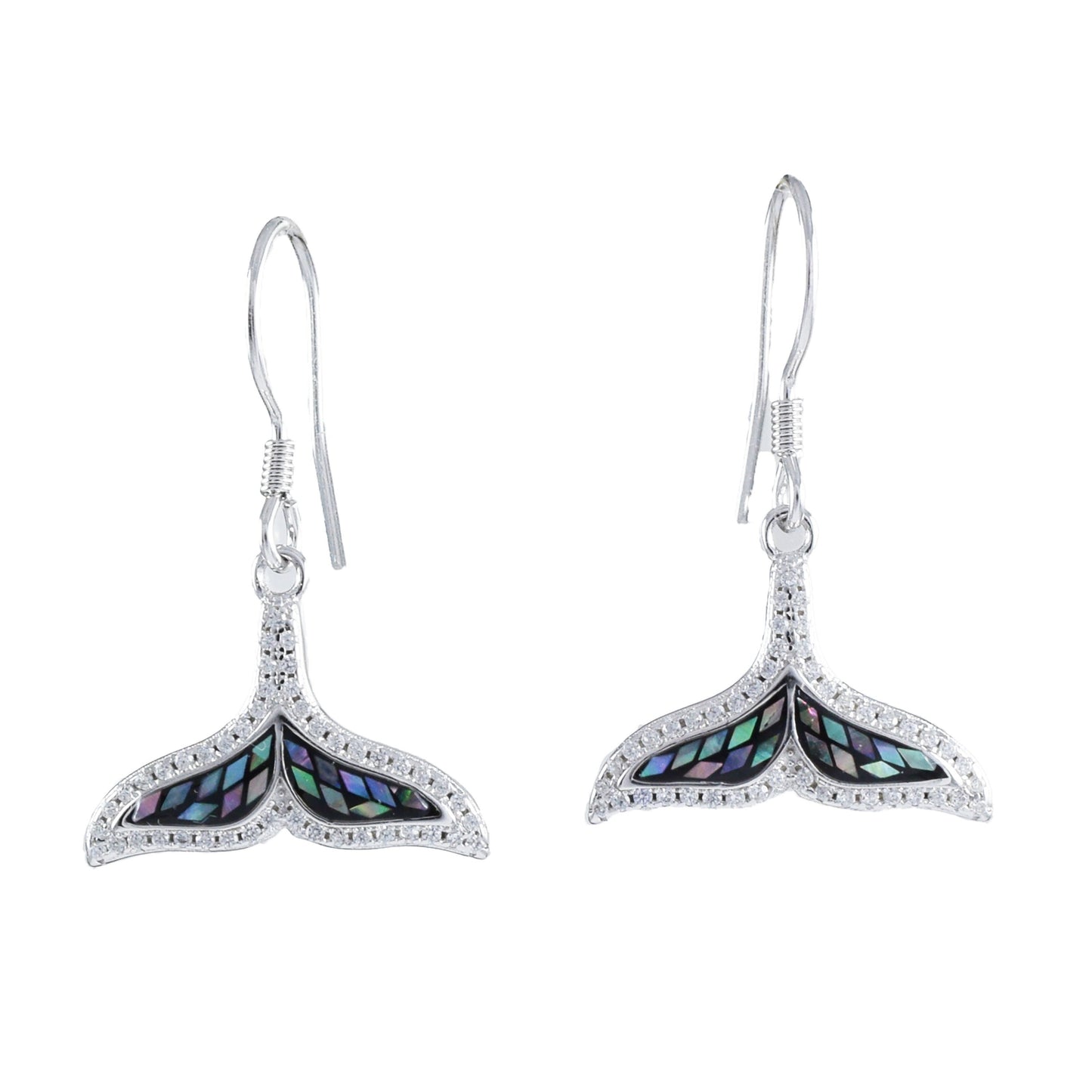 Hawaiian Genuine Abalone Shell Dolphin Tail Earrings, Sterling Silver Dolphin Tail CZ Dangle Earrings, Christmas Mom Birthday Gift