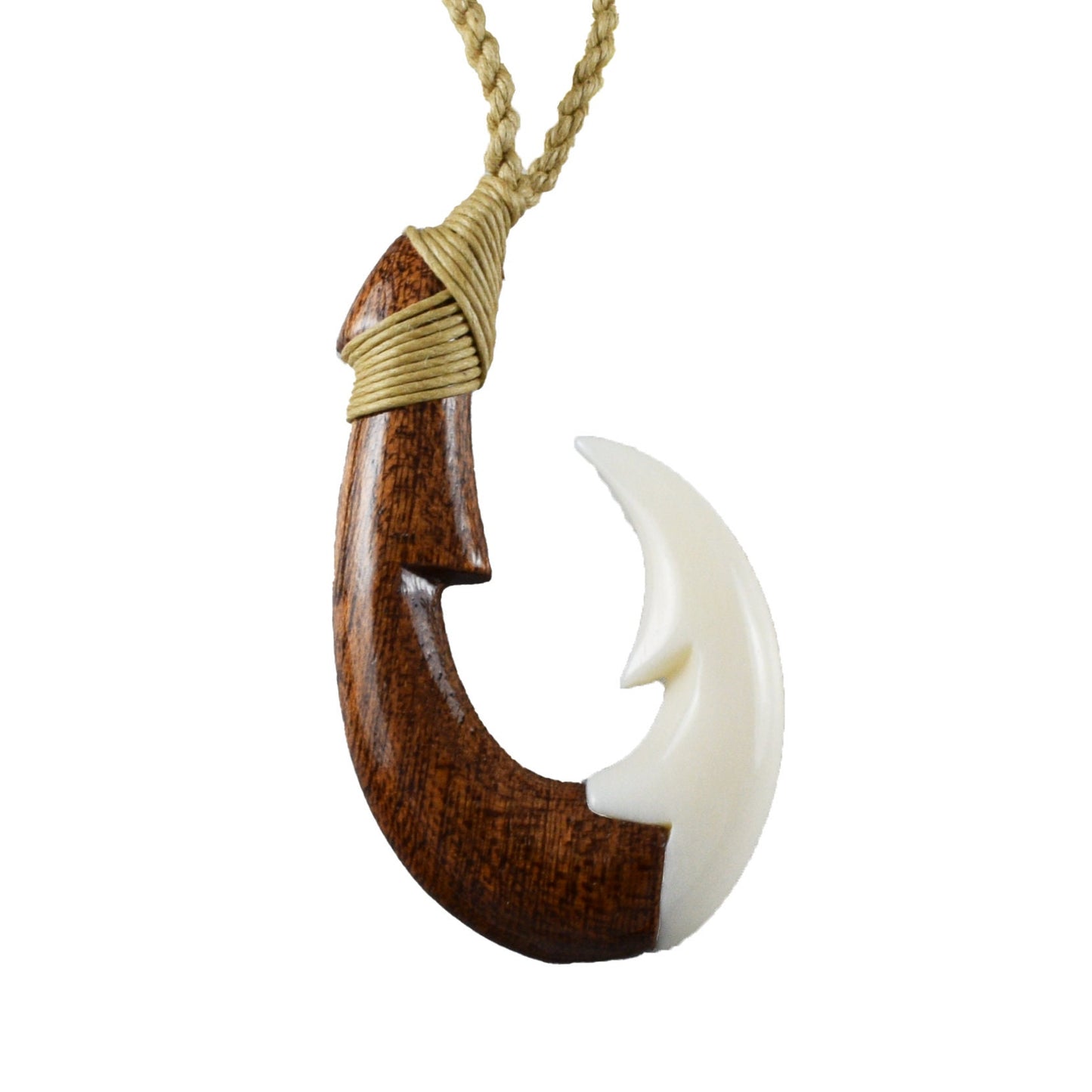 Hawaiian Large Genuine Koa Wood Fish Hook Necklace, Hand Carved Buffalo Bone Fish Hook Necklace, Christmas Anniversary  Birthday Gift