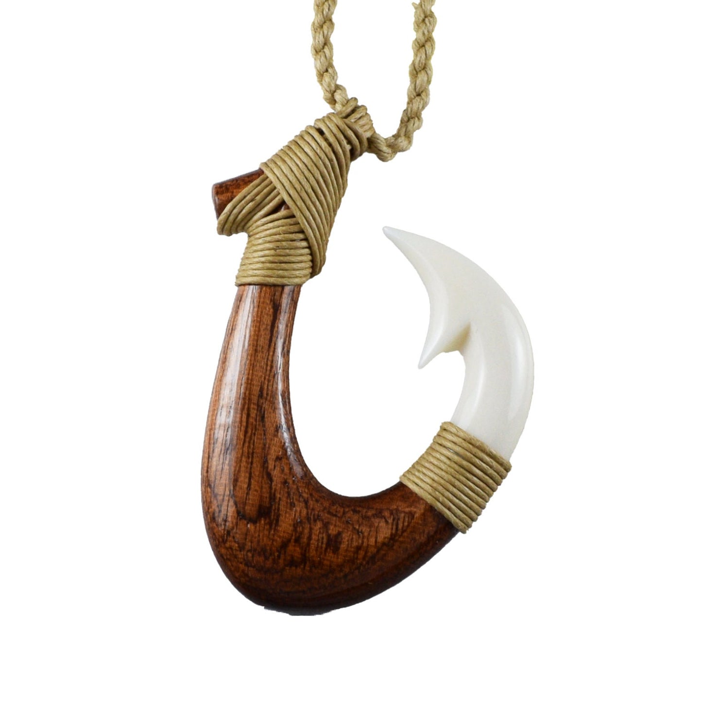 Hawaiian Large Genuine Koa Wood Fish Hook Necklace, Hand Carved Buffalo Bone Fish Hook Necklace, Christmas Mother Anniversary Birthday Gift