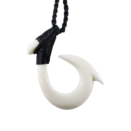 Hawaiian Fish Hook Necklace, Hand Carved Buffalo Bone Black Cord Fish Hook Necklace, Christmas Present, Anniversary Birthday Mother Mom Gift