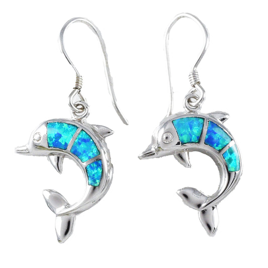 Hawaiian Large Blue Opal Dolphin Earrings, Sterling Silver Blue Opal Inlay Dolphin Dangle Earrings, Christmas Mother Mom Birthday Gift