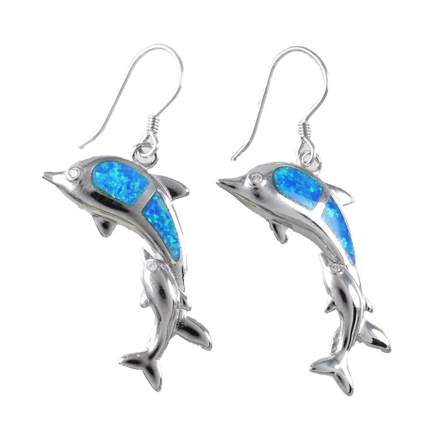 Hawaiian X-Large Blue Opal Mom and Small Dolphin Earrings, Sterling Silver Blue Opal 2 Dolphins Dangle Earrings, Christmas Mom Birthday Gift