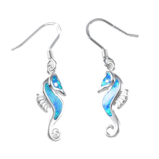 Hawaiian Blue Opal Seahorse Earrings, Sterling Silver Blue Opal Inlay Seahorse Dangle Earrings, Christmas Mother Mom Birthday Gift