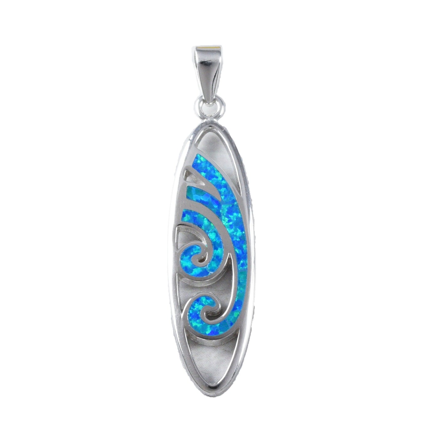 Hawaiian Large Blue Opal Ocean Wave Surfboard Pendant, Sterling Silver Blue Opal Inlay Wave Surfboard Pendant, Christmas Mom Birthday Gift